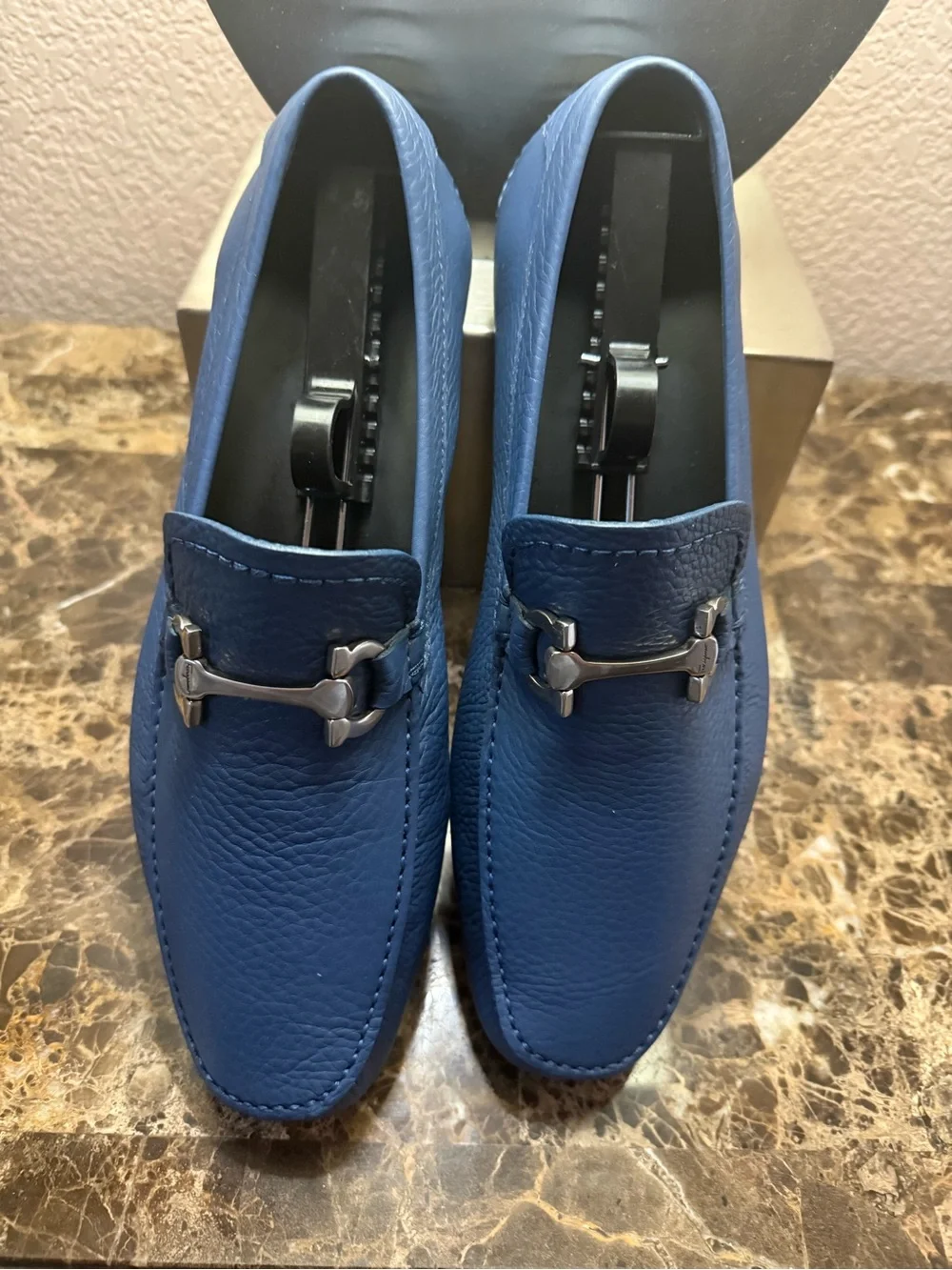 Salvatore Ferragamo Dark Blue Pebbled Leather Bit Slip-Ons